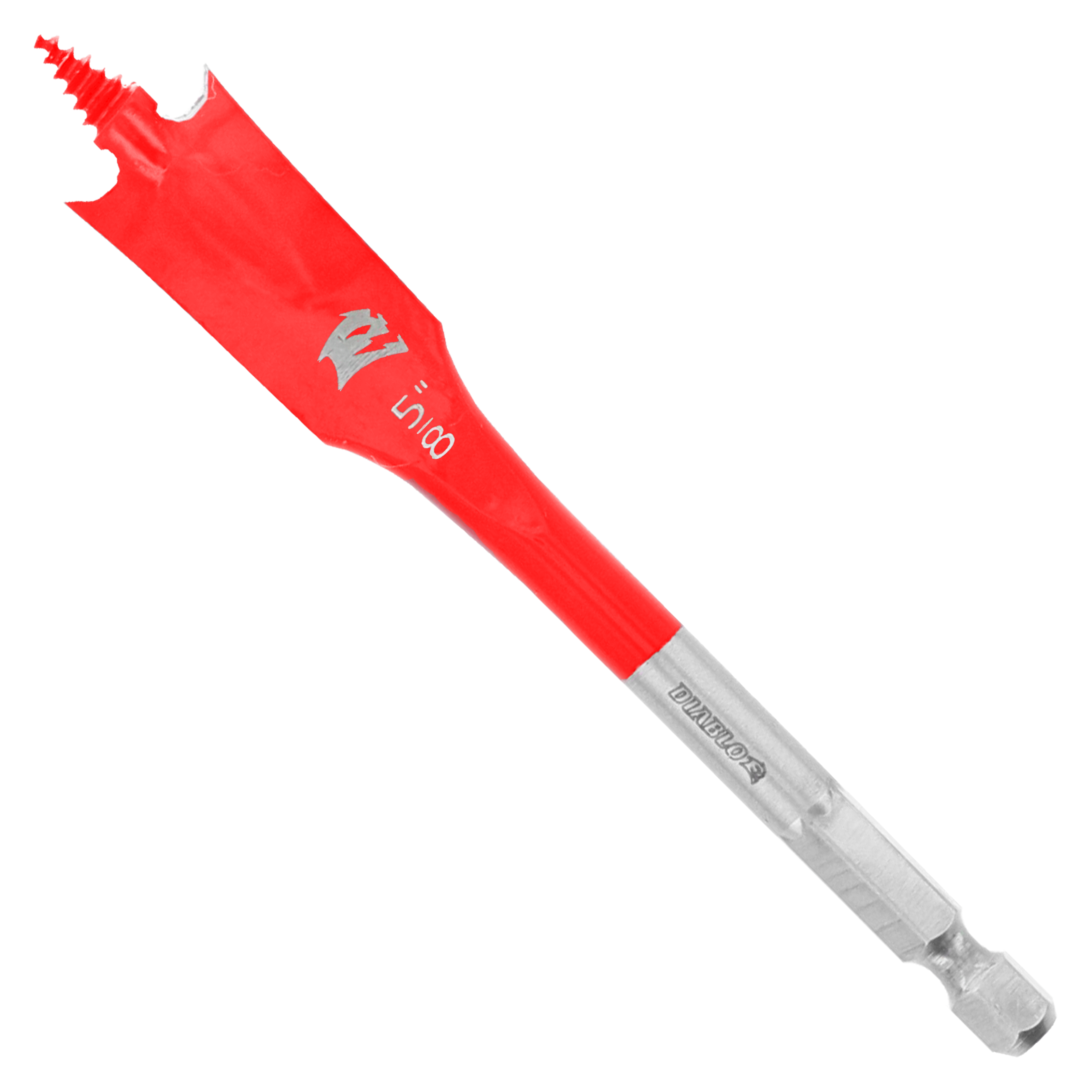 Red and silver spade bit with flat blade tip and hex shank, labeled with Diablo branding.