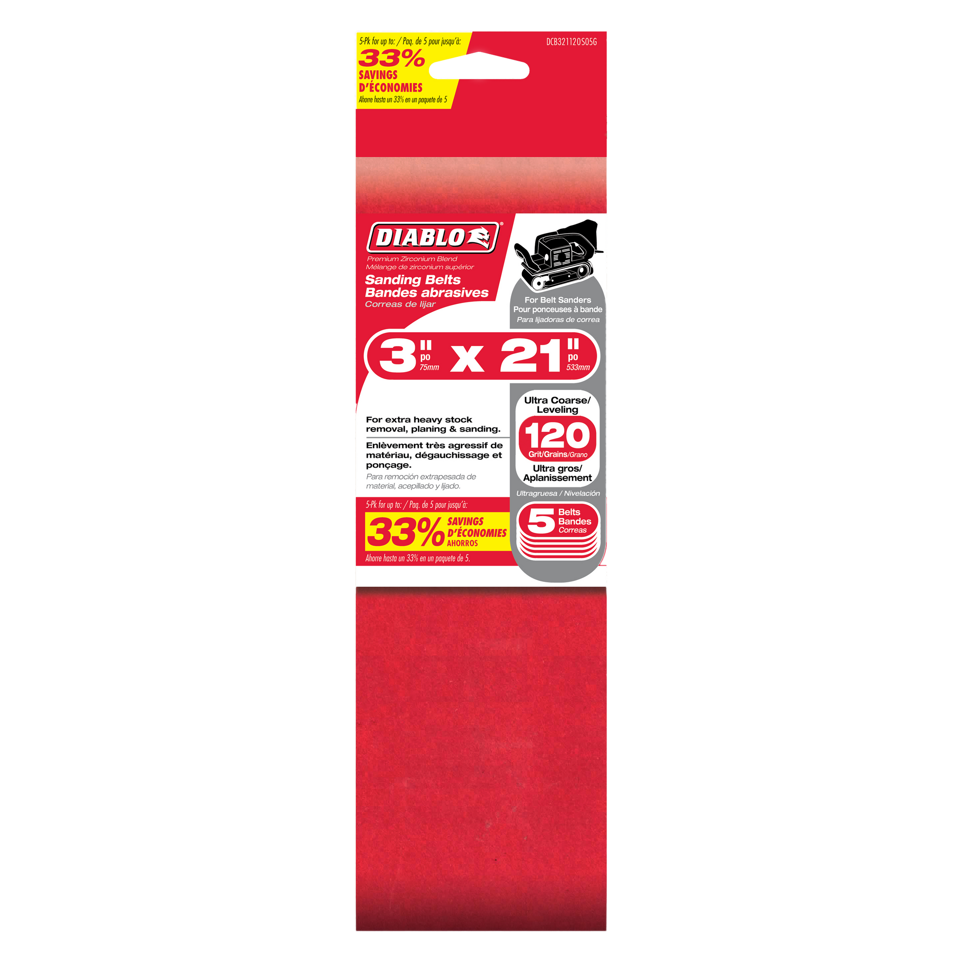 Five Diablo 3 x 21 inch 120 grit sanding belts in red packaging with product information and savings callout.