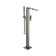 Brushed nickel freestanding tub filler faucet with single handle, curved spout, and detachable handshower.