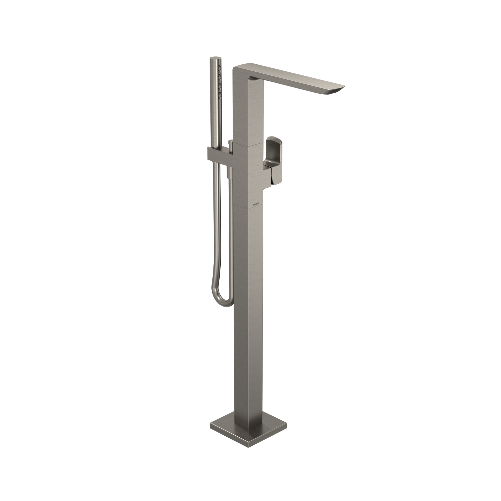 Brushed nickel freestanding tub filler faucet with single handle, curved spout, and detachable handshower.