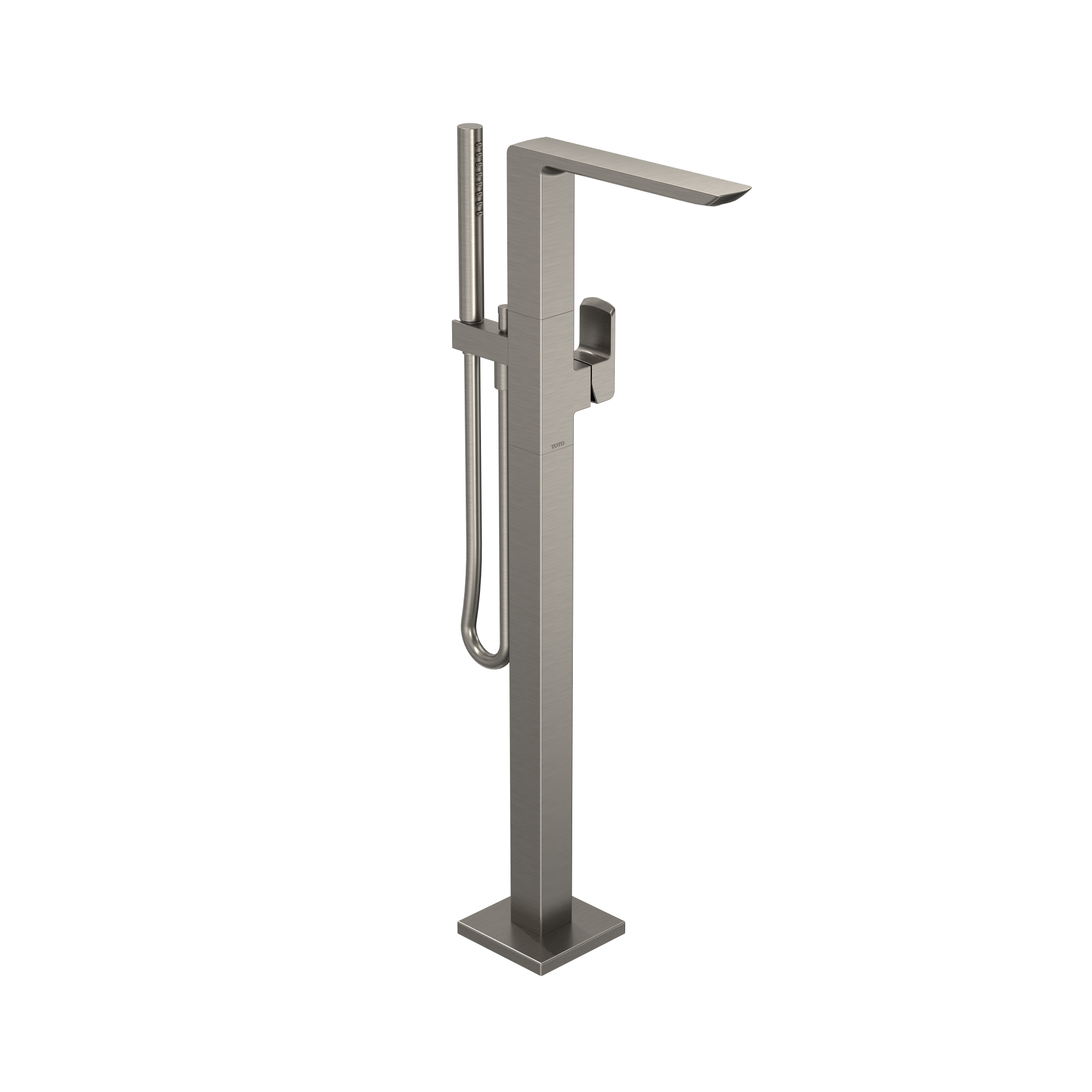 Brushed nickel freestanding tub filler faucet with single handle, curved spout, and detachable handshower.