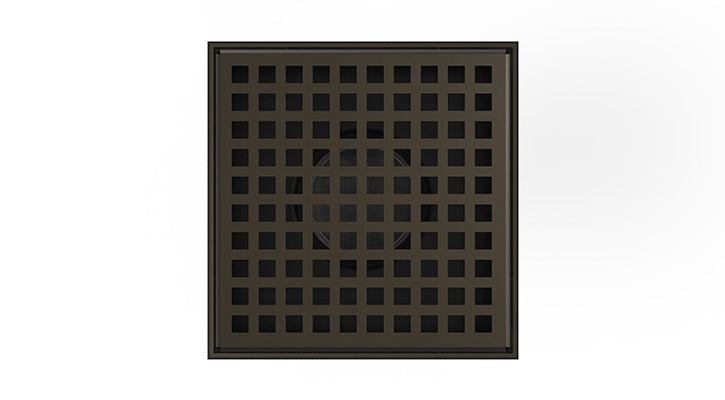 Square oil rubbed bronze drain grate with grid pattern cutouts, 5" x 5" size.