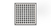Polished stainless steel square drain cover with grid pattern of black squares on white background.