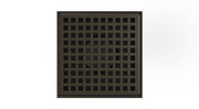 Oil rubbed bronze square drain grate with grid pattern and central opening, 5" x 5" size.
