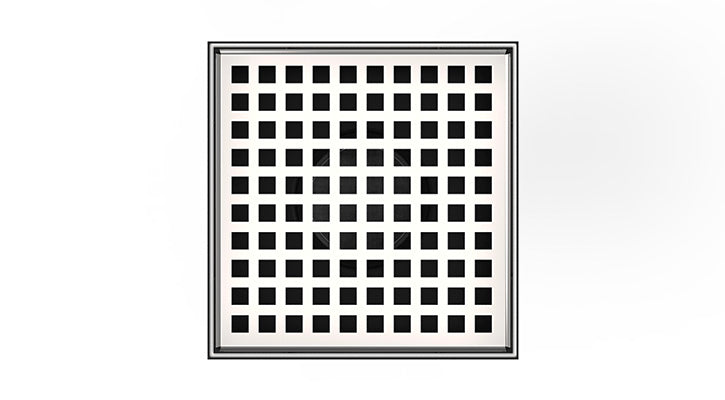 Square drain grate with grid pattern of black squares on polished stainless steel surface with metal border frame.