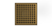 Satin bronze drain cover with grid pattern of small black squares and stainless steel border.