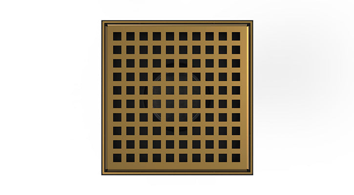 Satin bronze drain cover with grid pattern of small black squares and stainless steel border.