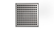 Square satin stainless steel drain cover with grid pattern of small black squares, 5 x 5 inches.
