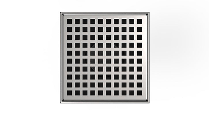 Square stainless steel floor drain cover with grid pattern of small black squares on satin finish surface.