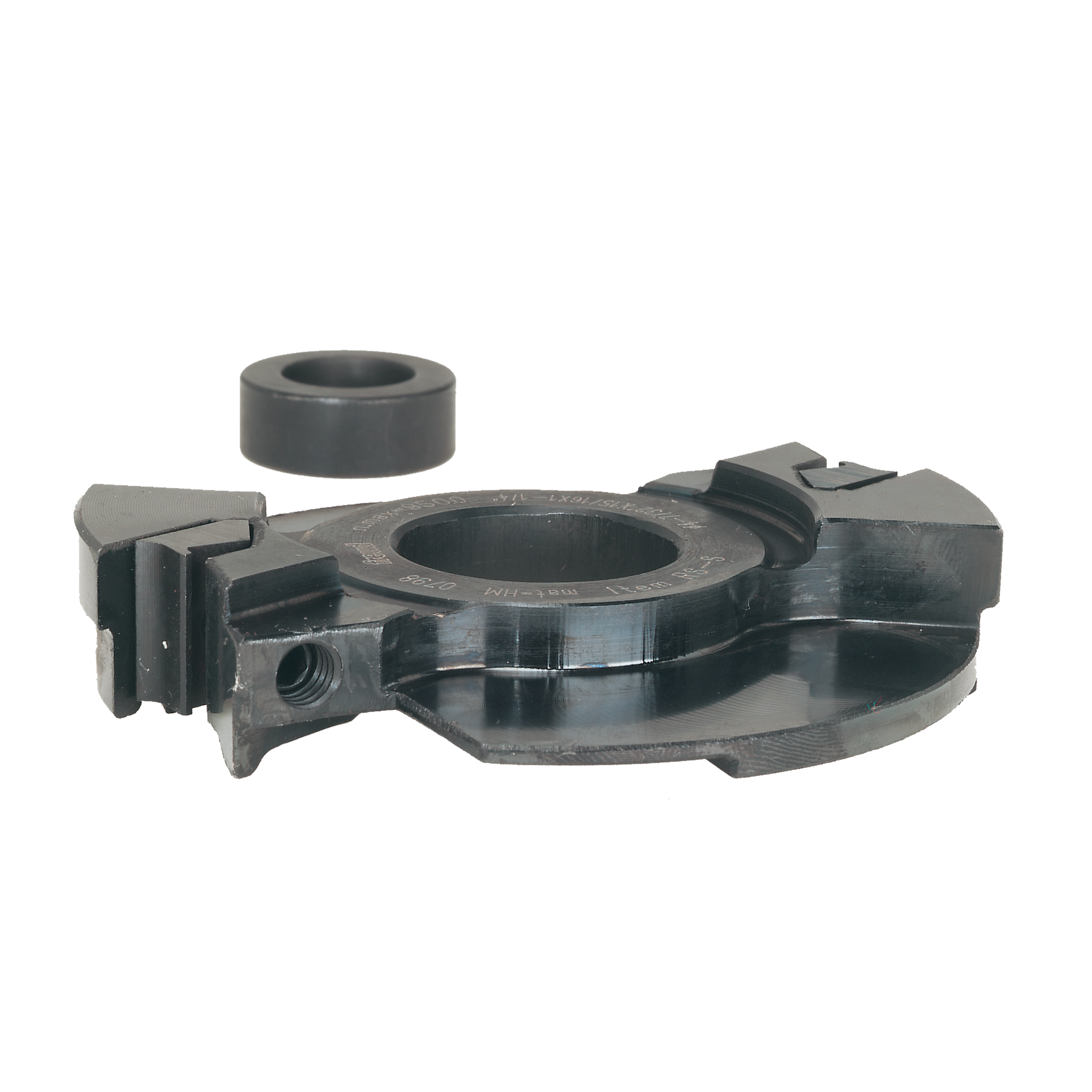 Dark metal circular cutterhead with profiled edges, wing-shaped mounting brackets, and separate rubber ring component.