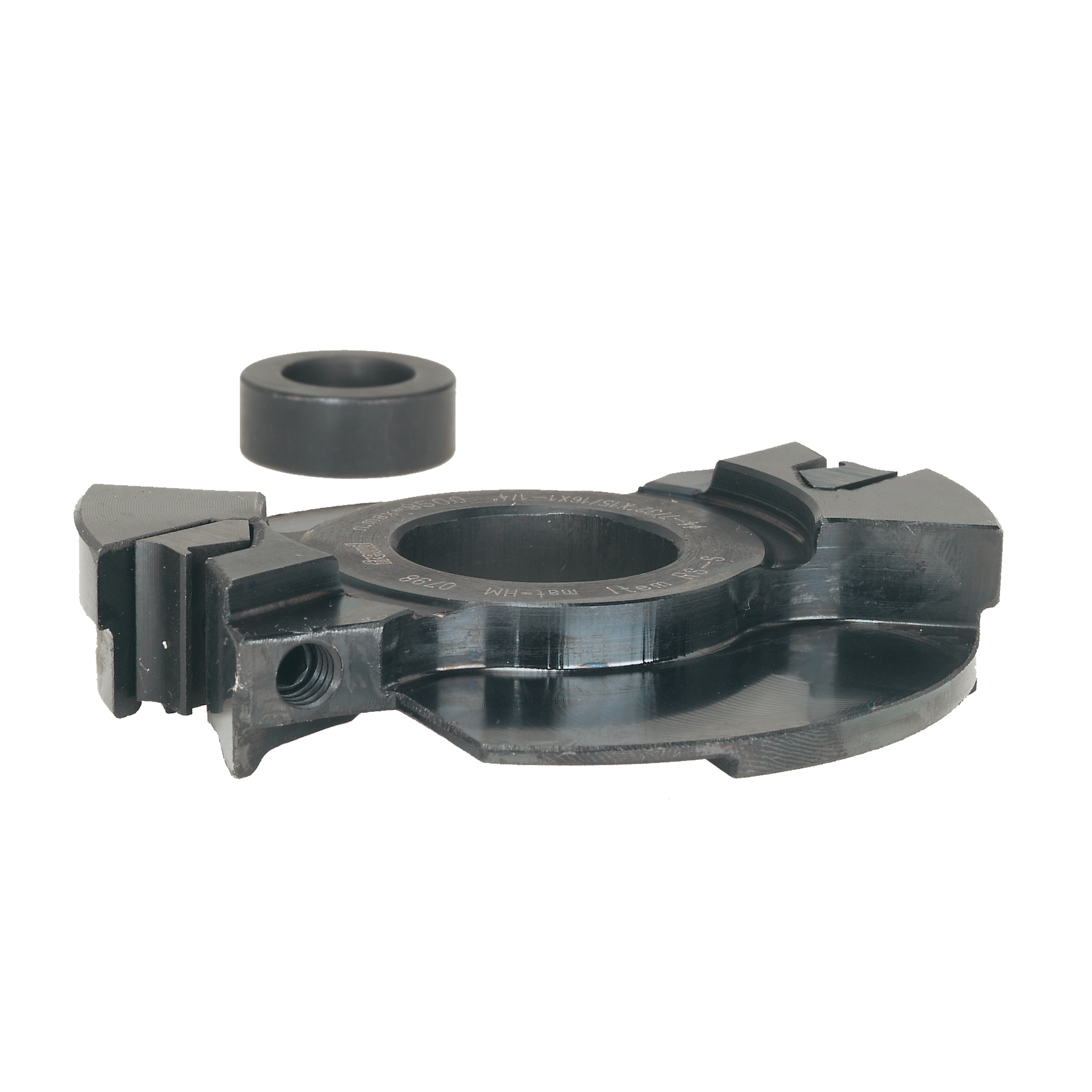 Dark metal circular cutterhead with profiled edges, wing-shaped mounting brackets, and separate rubber ring component.