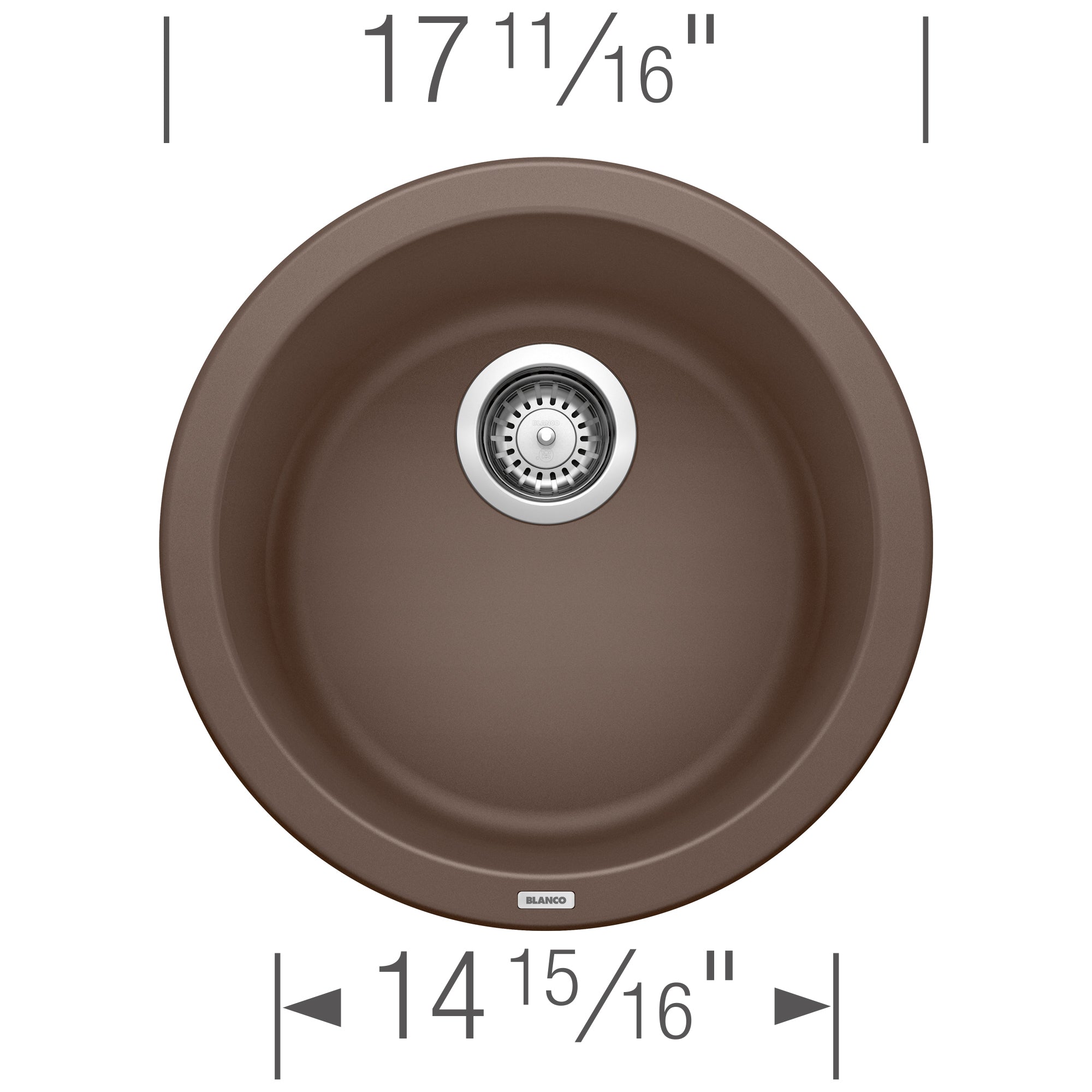 Cafe brown round undermount bar sink with stainless steel drain, measuring 17 11/16 inches wide.