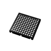 Matte black square drain cover with grid pattern of small openings and center drain hole.