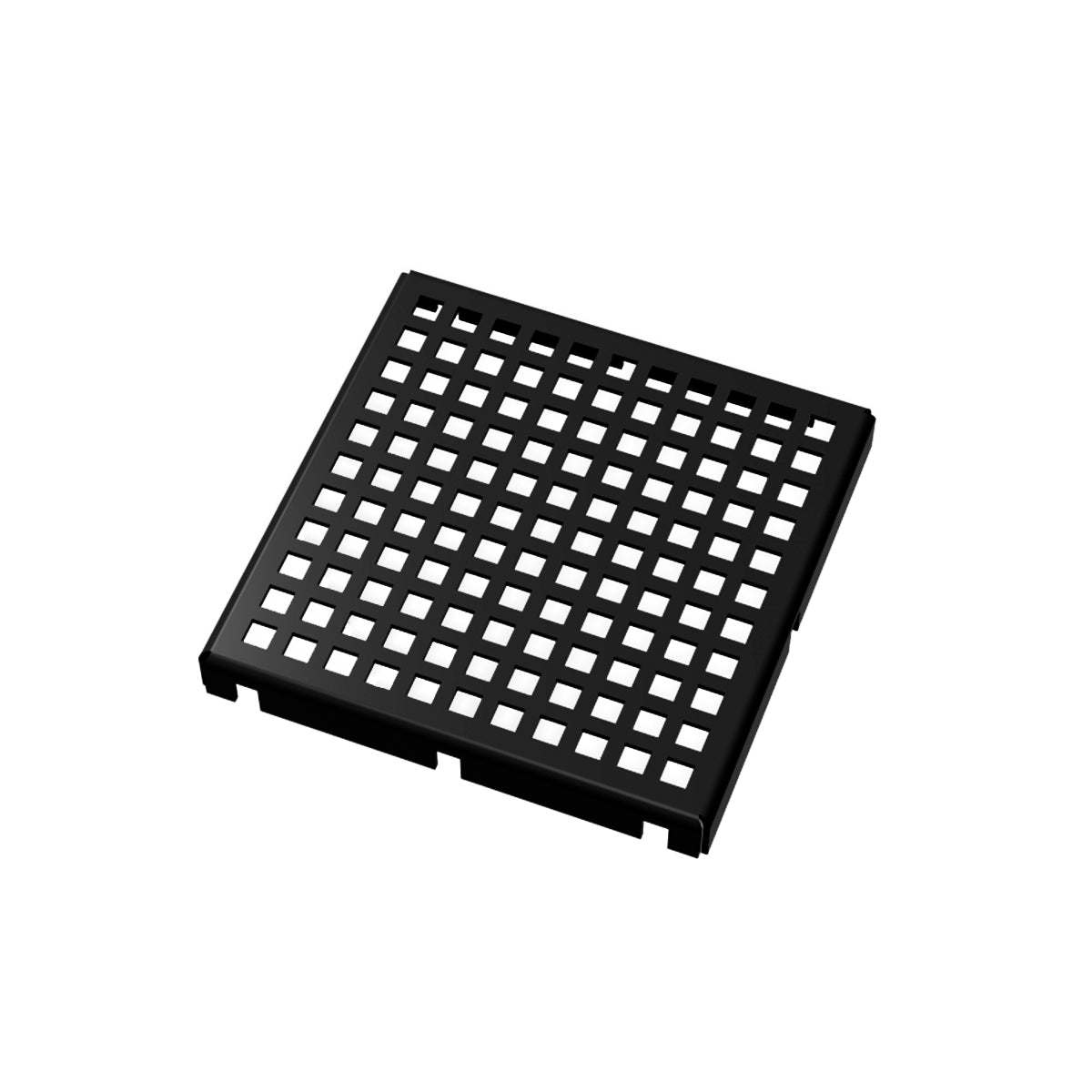 Matte black square drain cover with grid pattern of small openings and center drain hole.