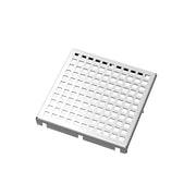 Polished stainless steel square drain cover with grid pattern perforations and center drain opening.