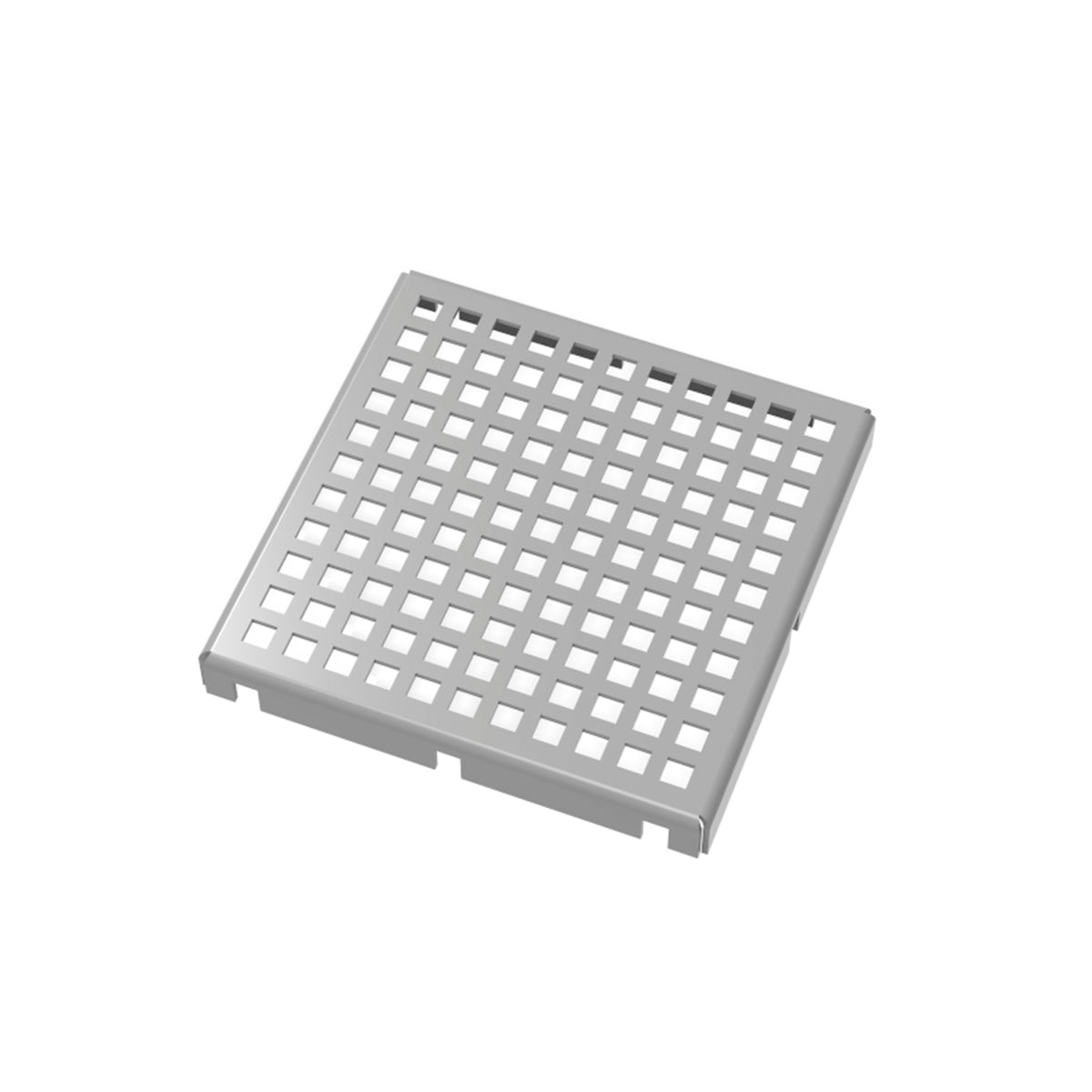 Square satin stainless steel drain cover with grid pattern of small square openings.