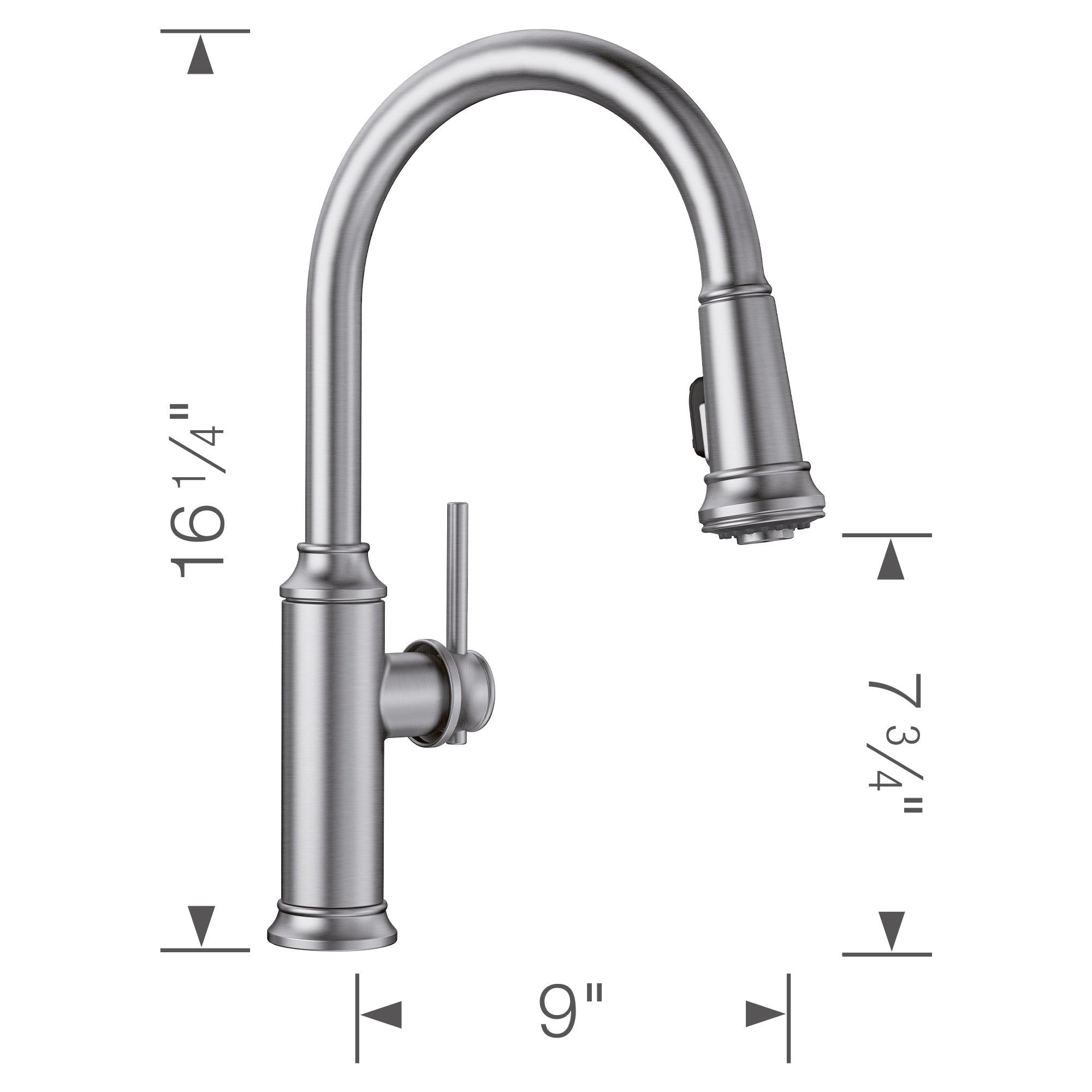 Stainless steel pull-down kitchen faucet with high arching spout and single lever handle.