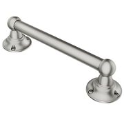 Brushed nickel grab bar with circular wall-mounted flanges on each end and knurled grip handles.