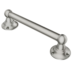 Brushed nickel grab bar with circular wall-mounted flanges on each end and knurled grip handles.