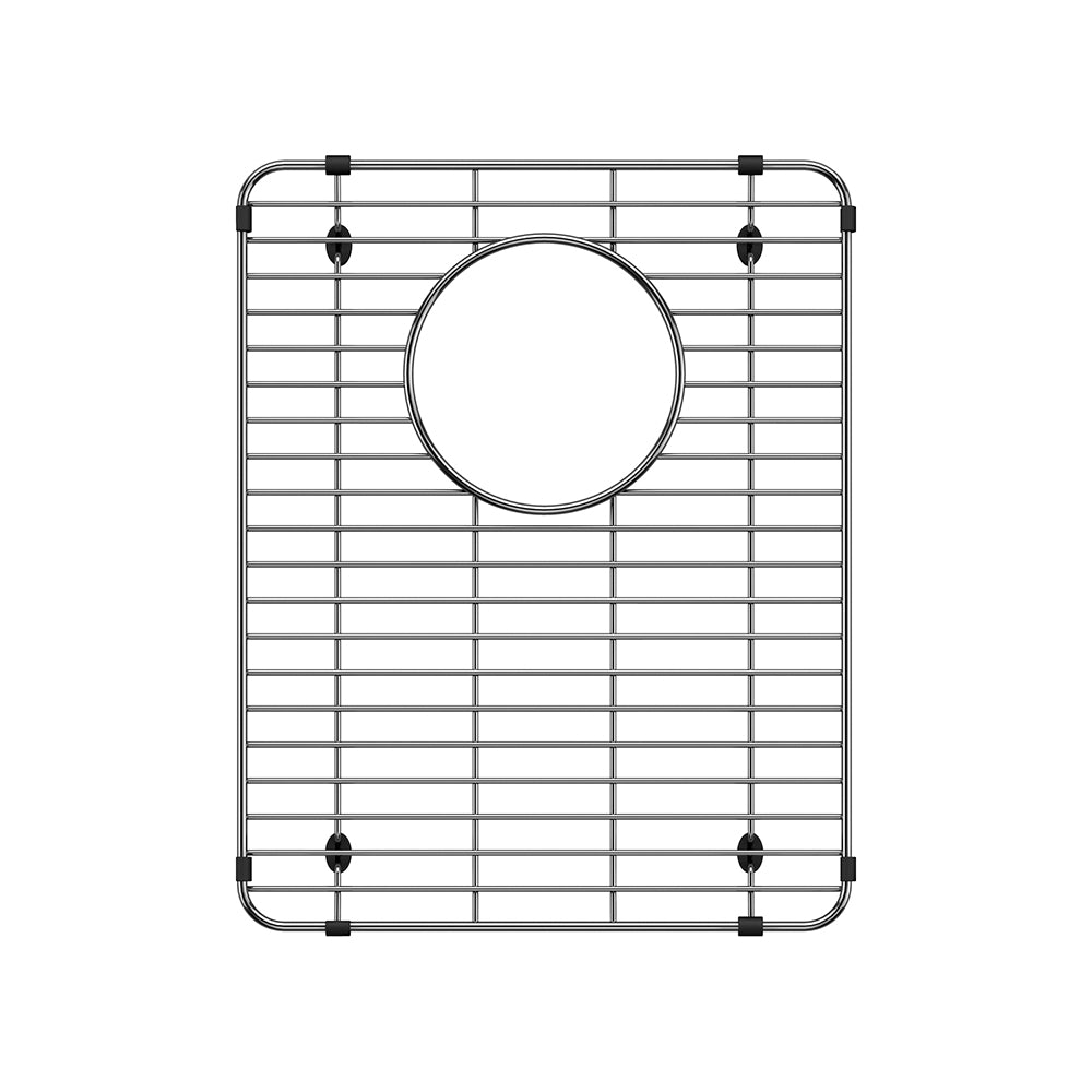 Stainless steel sink grid with horizontal bars, circular drain opening, and black rubber feet.
