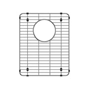 Stainless steel sink grid with horizontal bars, circular drain opening, and black rubber feet.