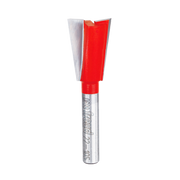 Red and silver dovetail router bit with angled cutting edges and cylindrical shank labeled Freud.