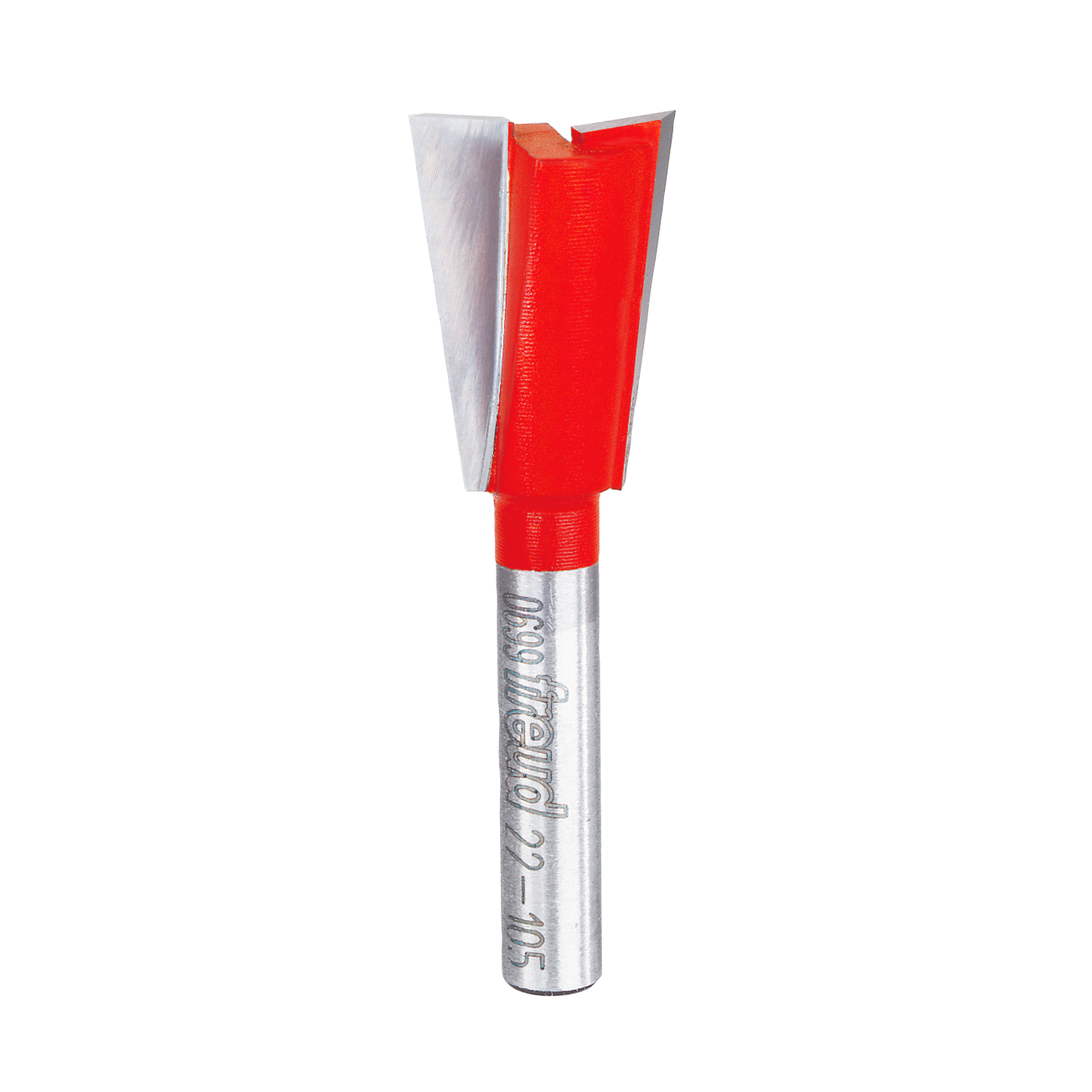 Red and silver dovetail router bit with angled cutting edges and cylindrical shank labeled Freud.