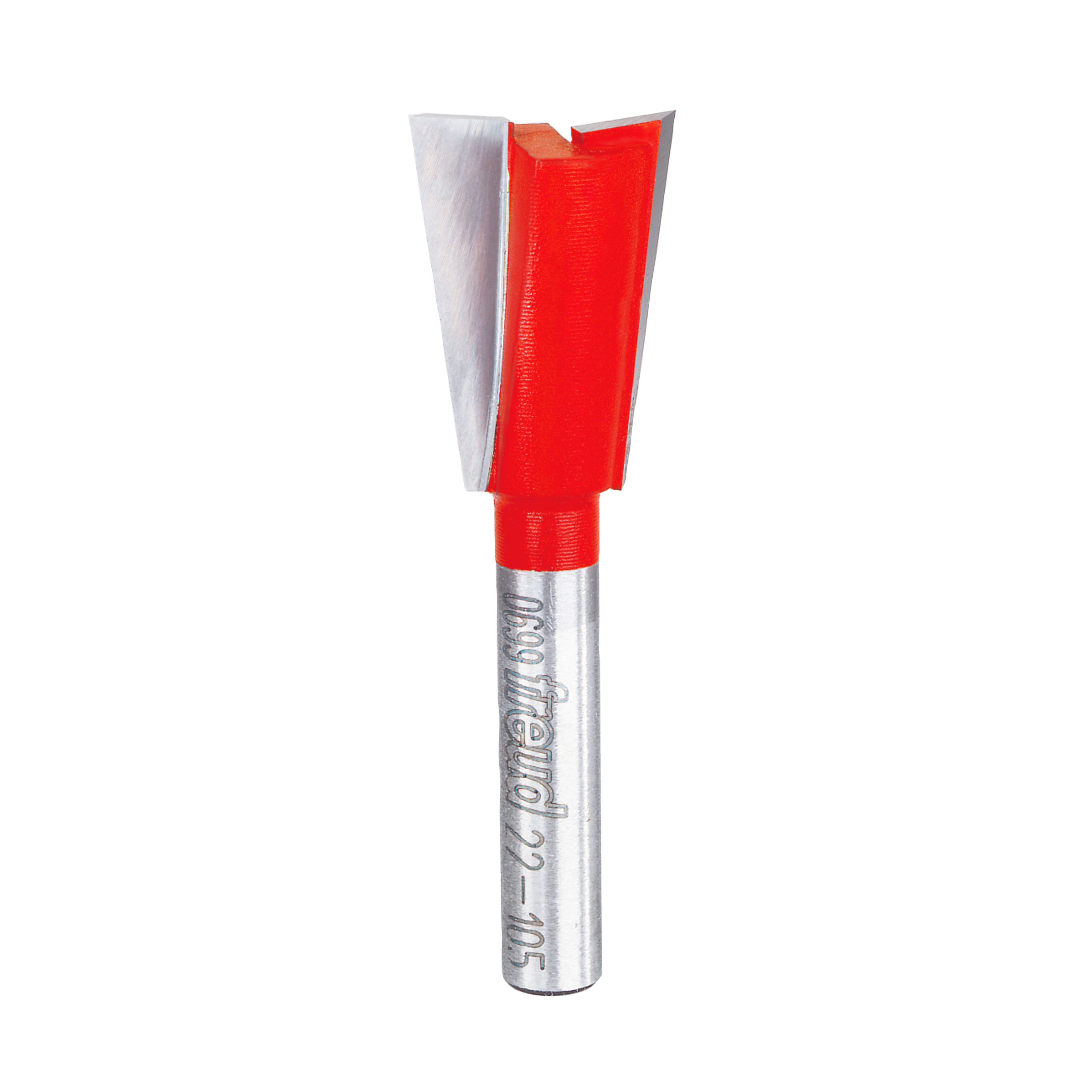 Red and silver dovetail router bit with angled cutting edges and cylindrical shank labeled Freud.