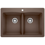 Cafe brown double bowl drop-in kitchen sink with two equal-sized basins and chrome drain strainers.