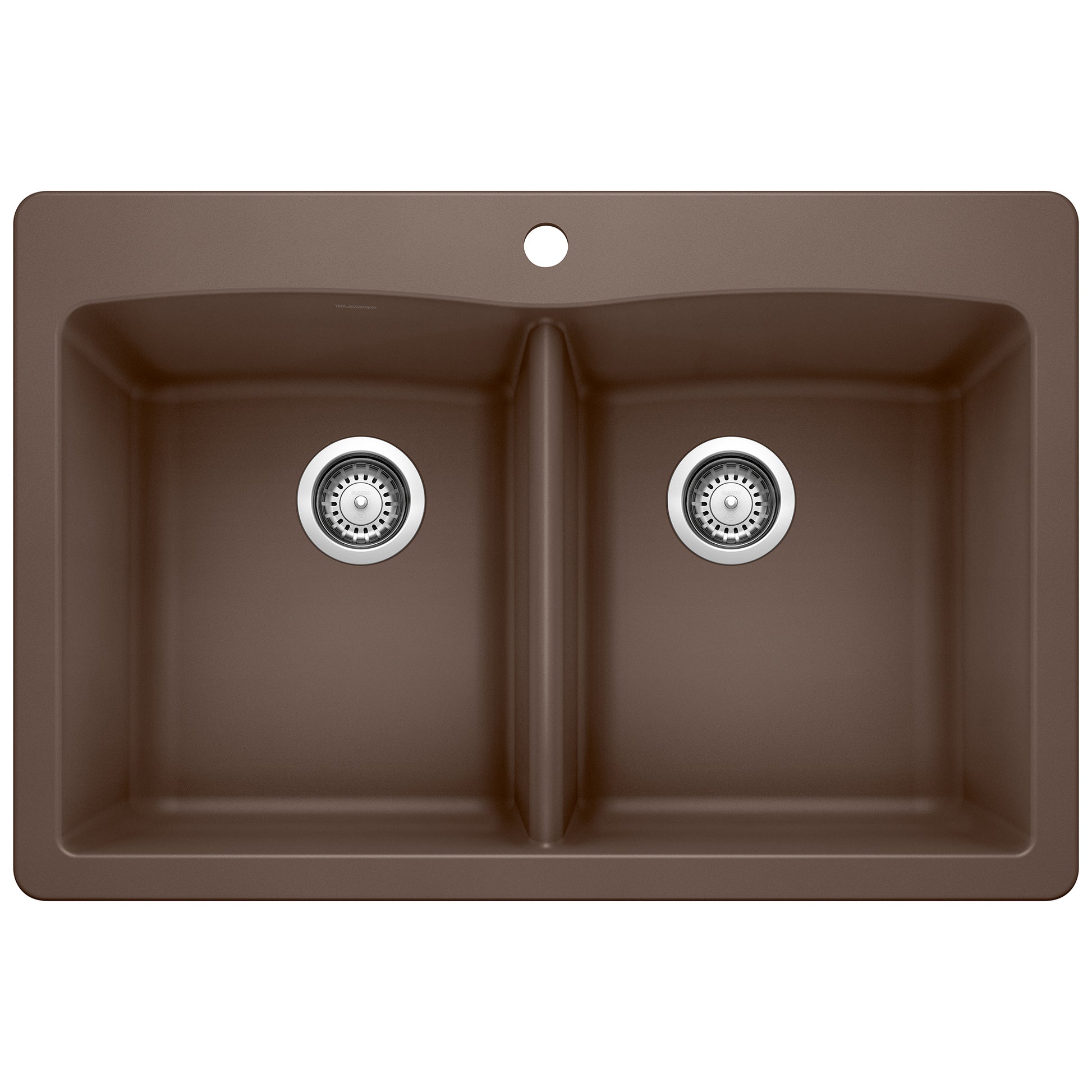 Cafe brown double bowl drop-in kitchen sink with two equal-sized basins and chrome drain strainers.