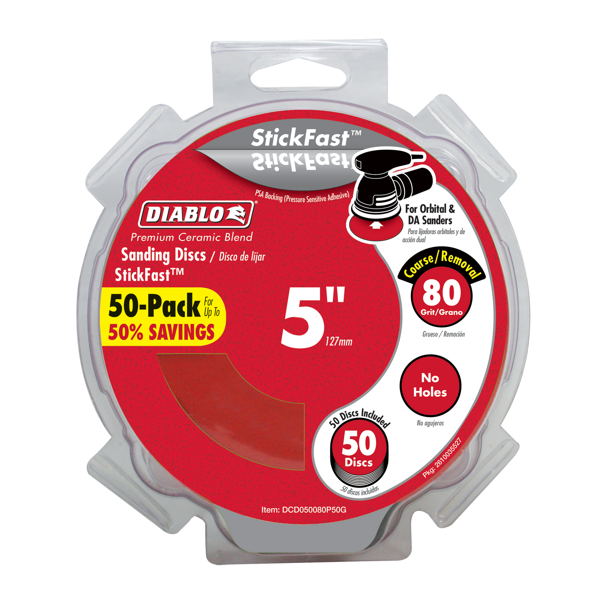 Pack of 50 Diablo 5-inch 80-grit sanding discs with StickFast adhesive backing for orbital sanders.
