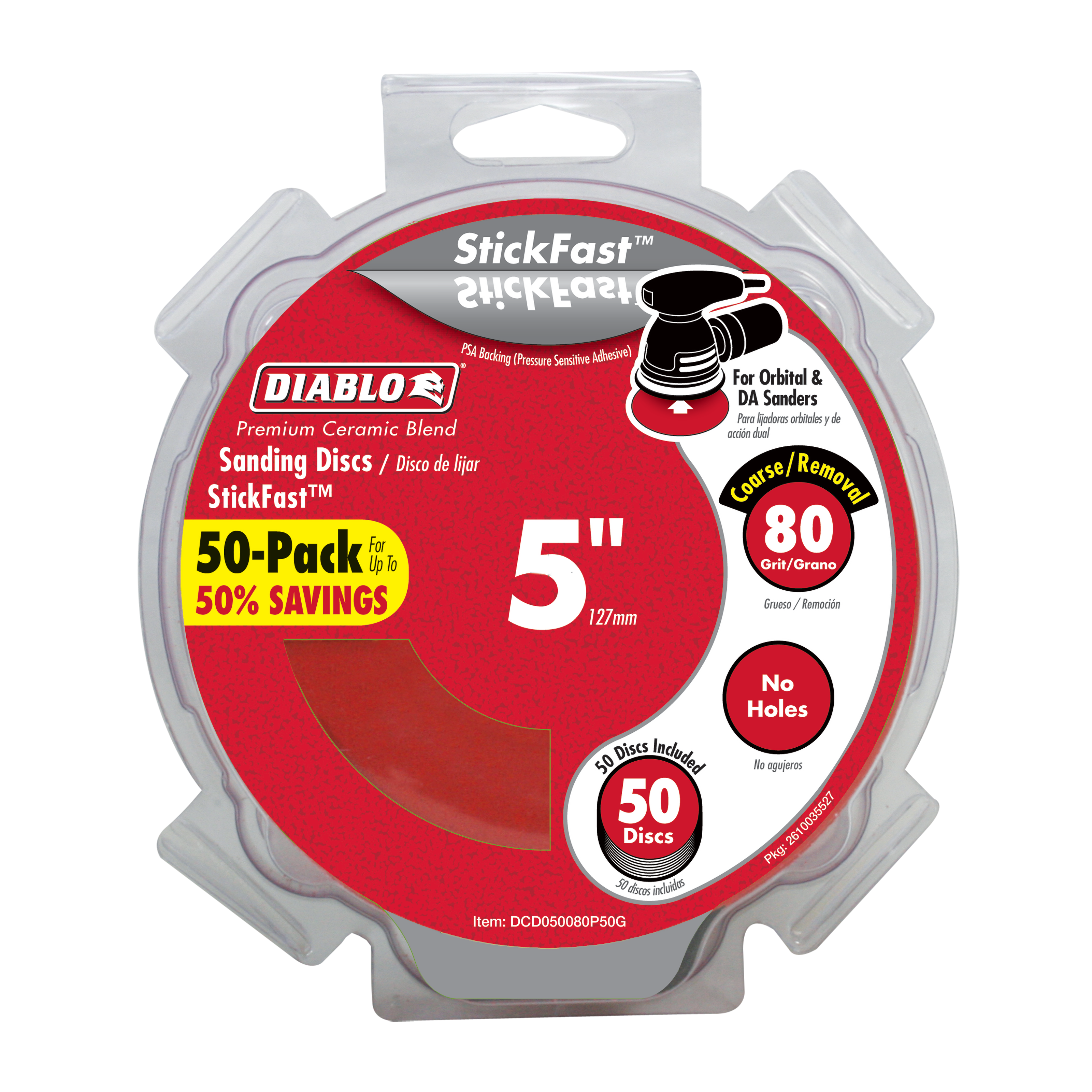 Pack of 50 Diablo 5-inch 80-grit sanding discs with StickFast adhesive backing for orbital sanders.