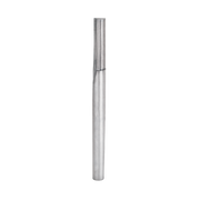 Metallic straight router bit with two flutes and cylindrical shank on white background.