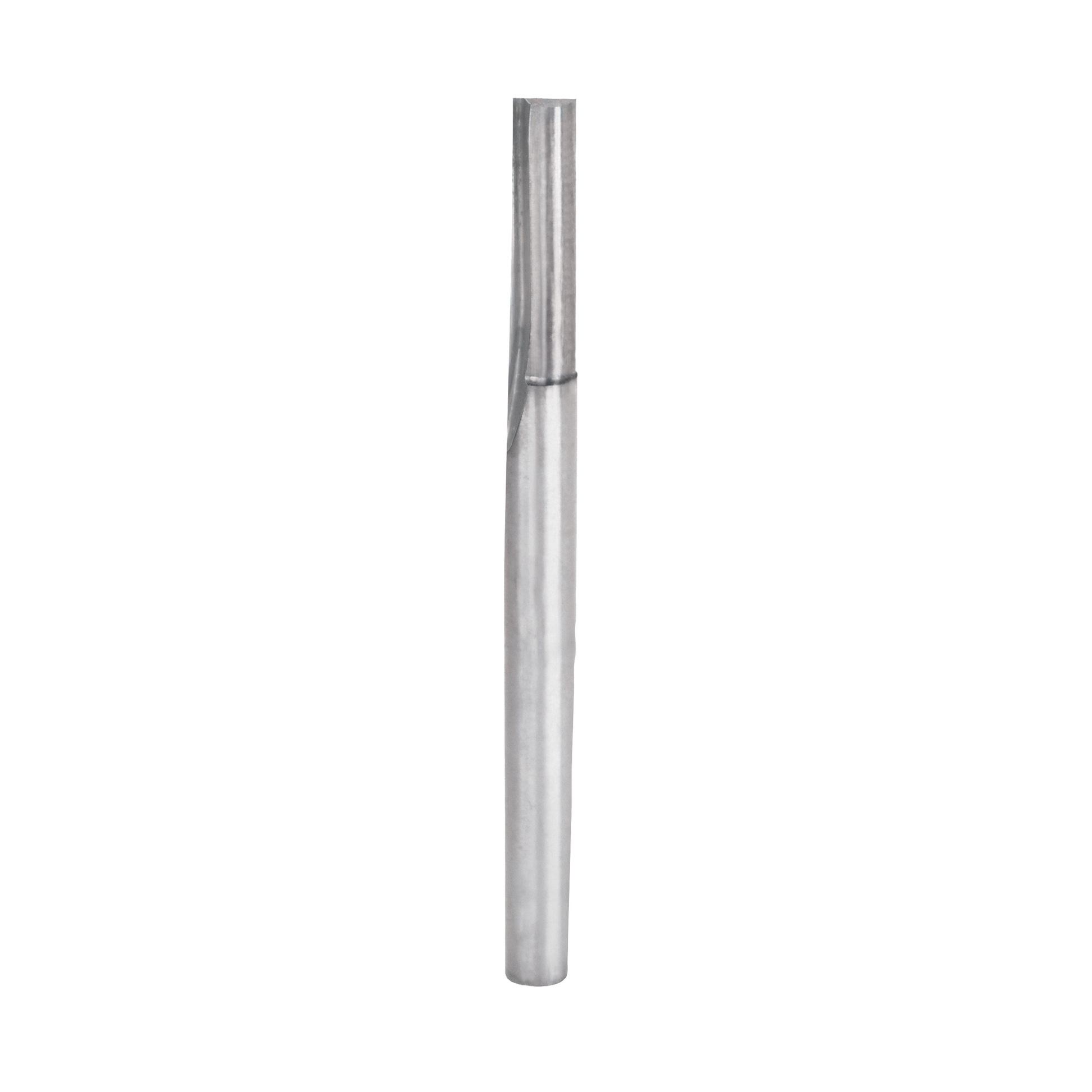 Metallic straight router bit with two flutes and cylindrical shank on white background.