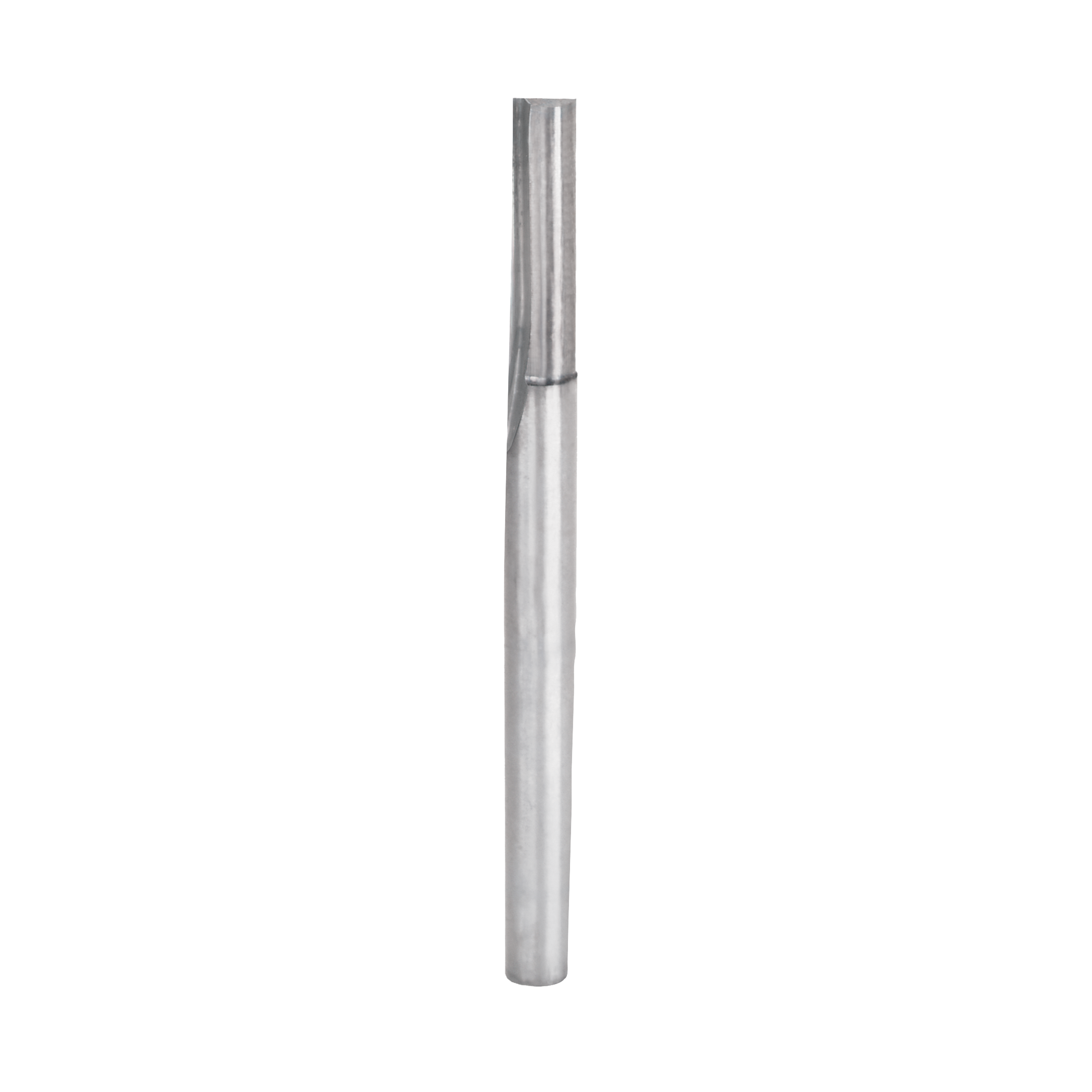 Metallic straight router bit with two flutes and cylindrical shank on white background.