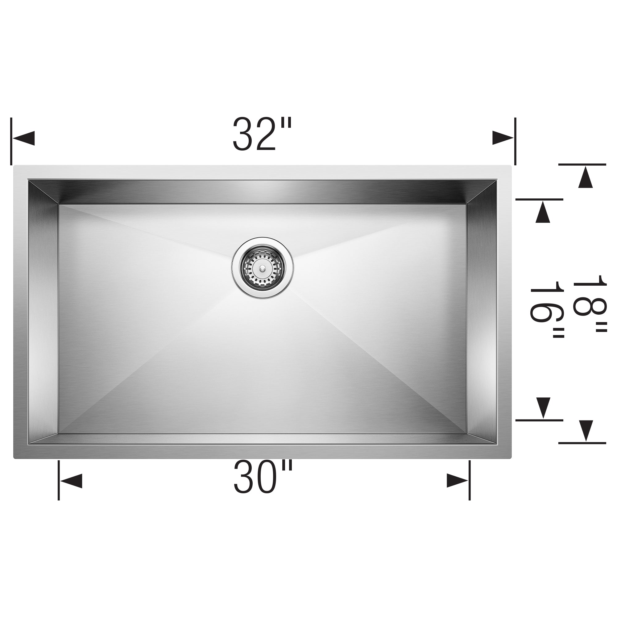 Stainless steel rectangular undermount sink with single bowl, drain strainer, and dimension measurements labeled.