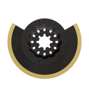 Black and tan carbide grit oscillating blade with Starlock center attachment and curved cutting edge.