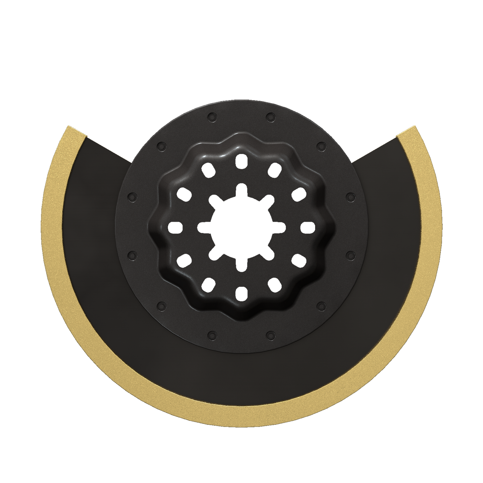 Black and tan carbide grit oscillating blade with Starlock center attachment and curved cutting edge.