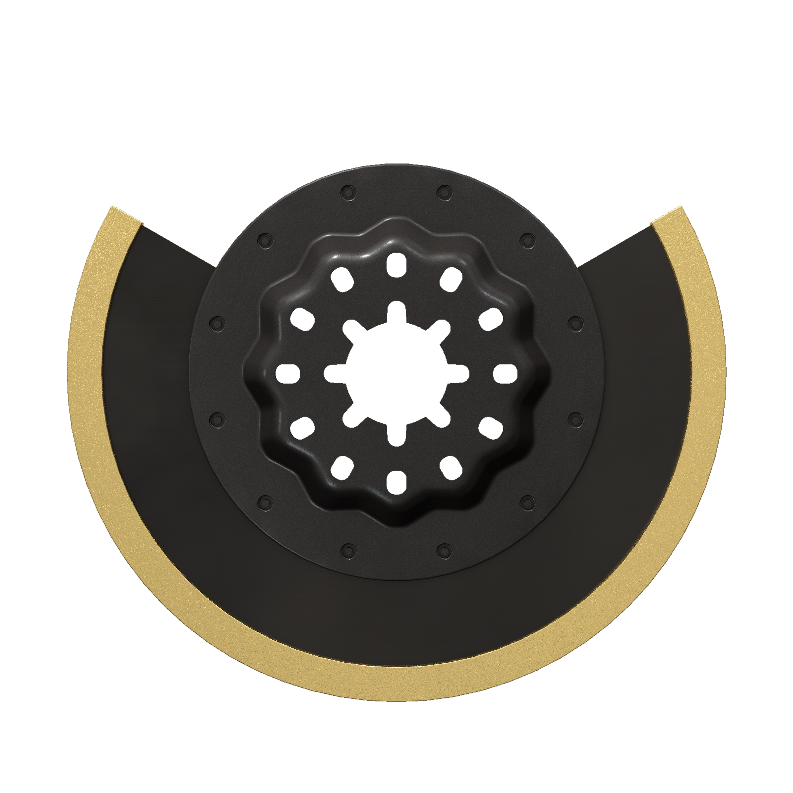 Black and tan carbide grit oscillating blade with Starlock center attachment and curved cutting edge.