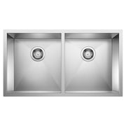 Stainless steel double bowl sink with two equal compartments and drain strainers, top-mounted view.