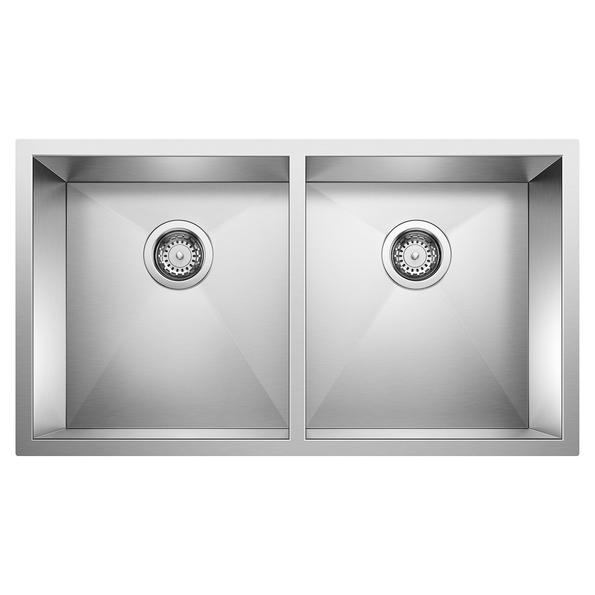 Stainless steel double bowl sink with two equal compartments and drain strainers, top-mounted view.