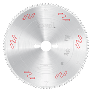 Circular saw blade with silver finish, carbide-tipped teeth around perimeter, center arbor hole, and red markings on face.