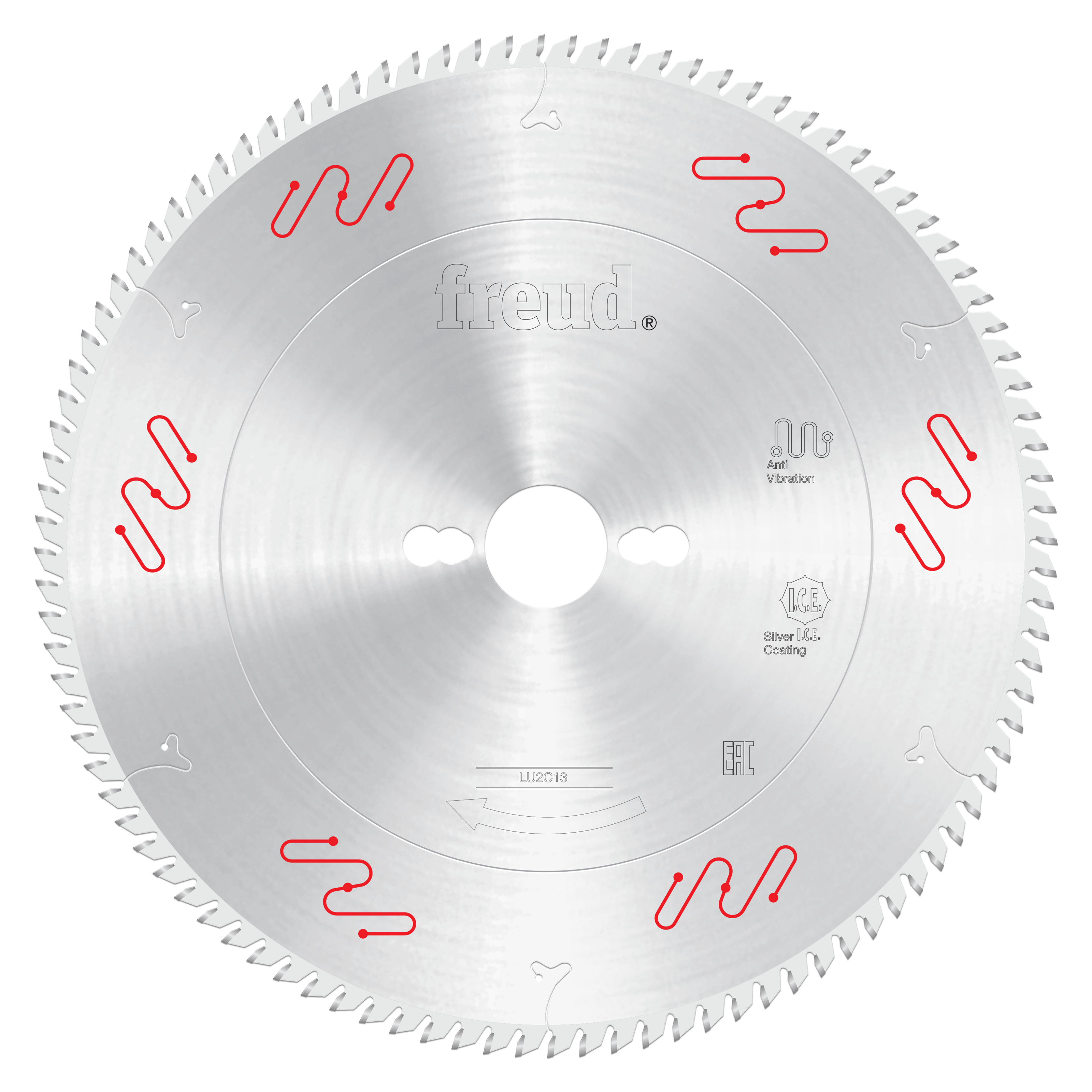 Circular saw blade with silver finish, carbide-tipped teeth around perimeter, center arbor hole, and red markings on face.