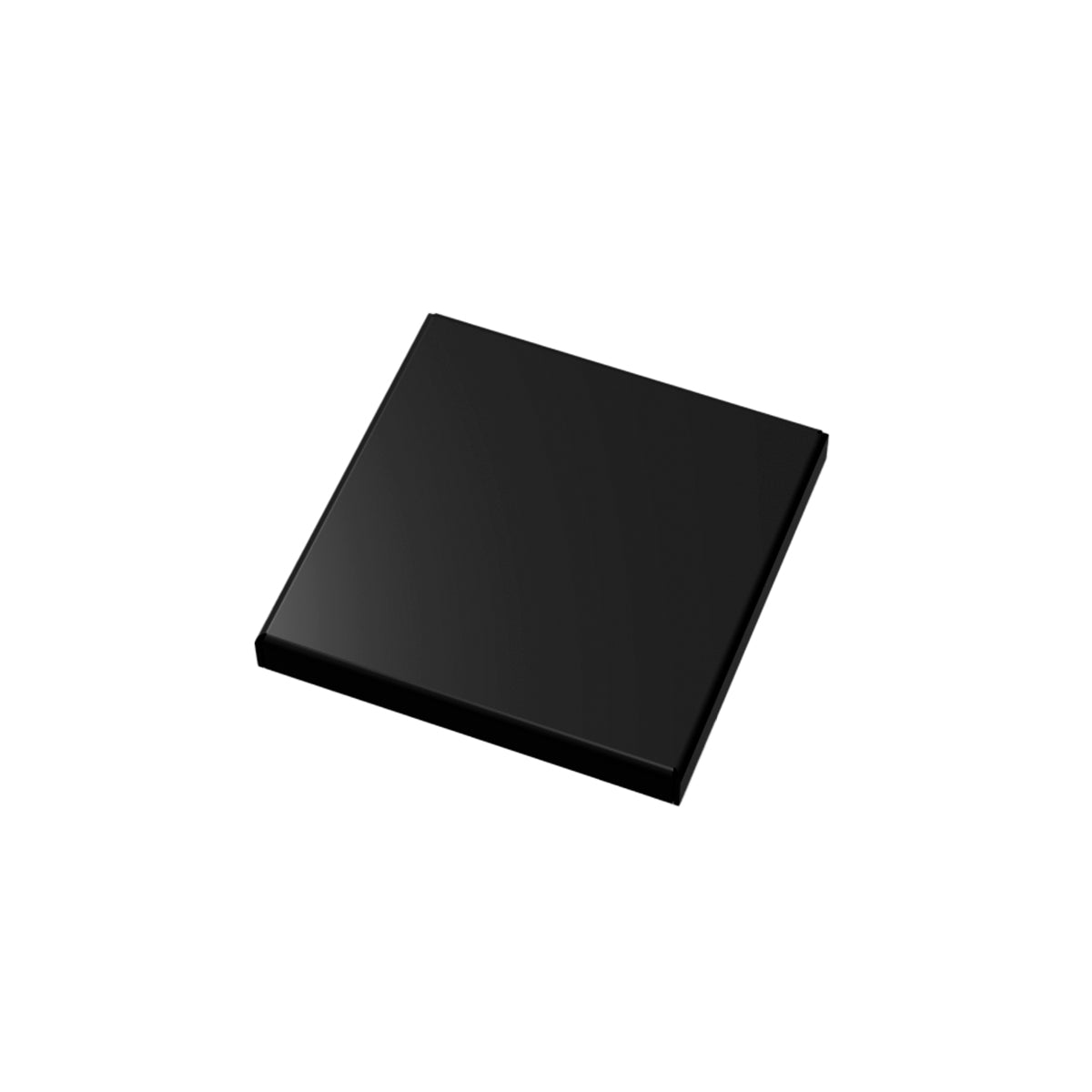 Square matte black drain strainer with solid top surface and recessed edges.