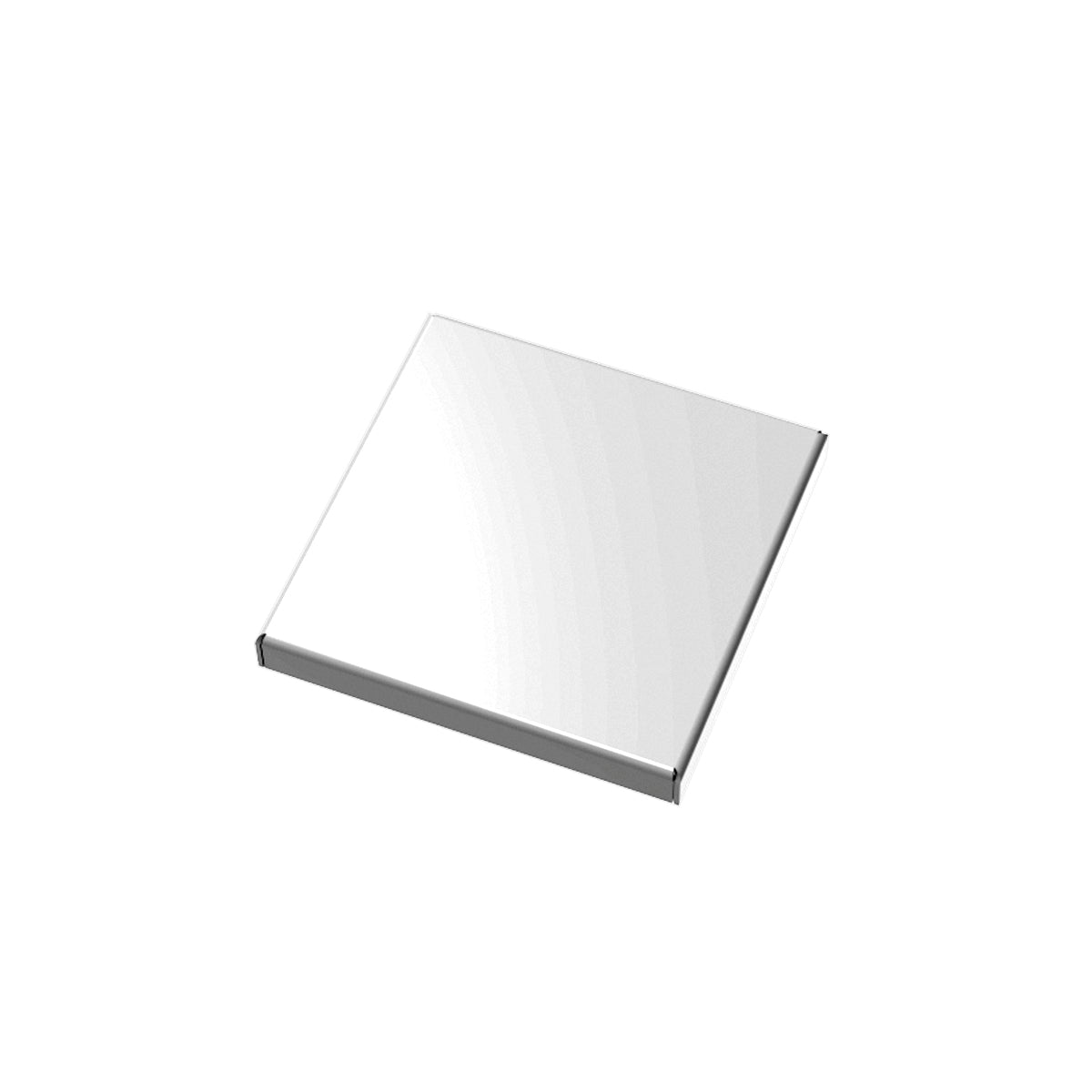 Square stainless steel drain strainer with polished finish and recessed center panel.