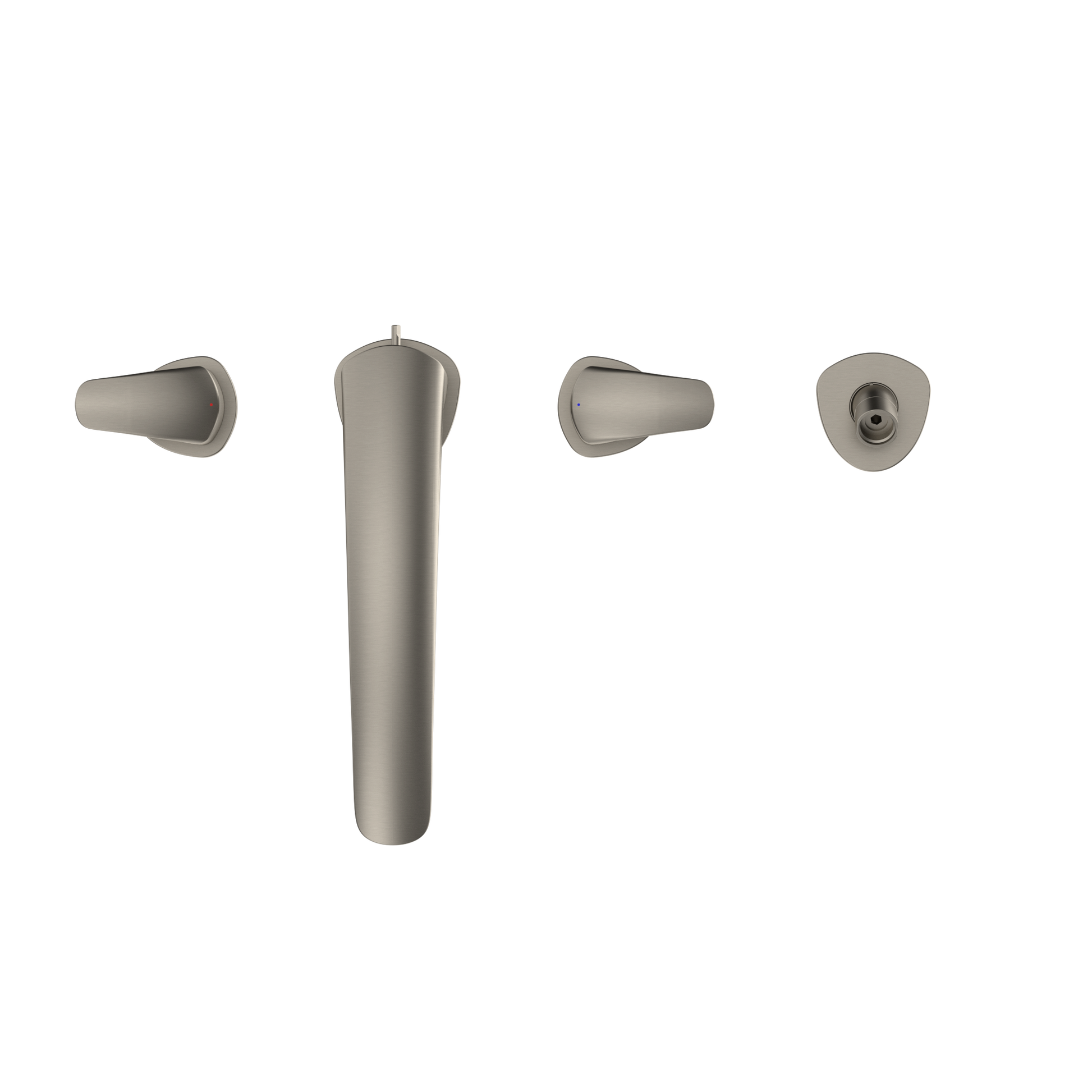 Brushed nickel Roman tub filler trim with two handles, central spout, and detachable handshower.