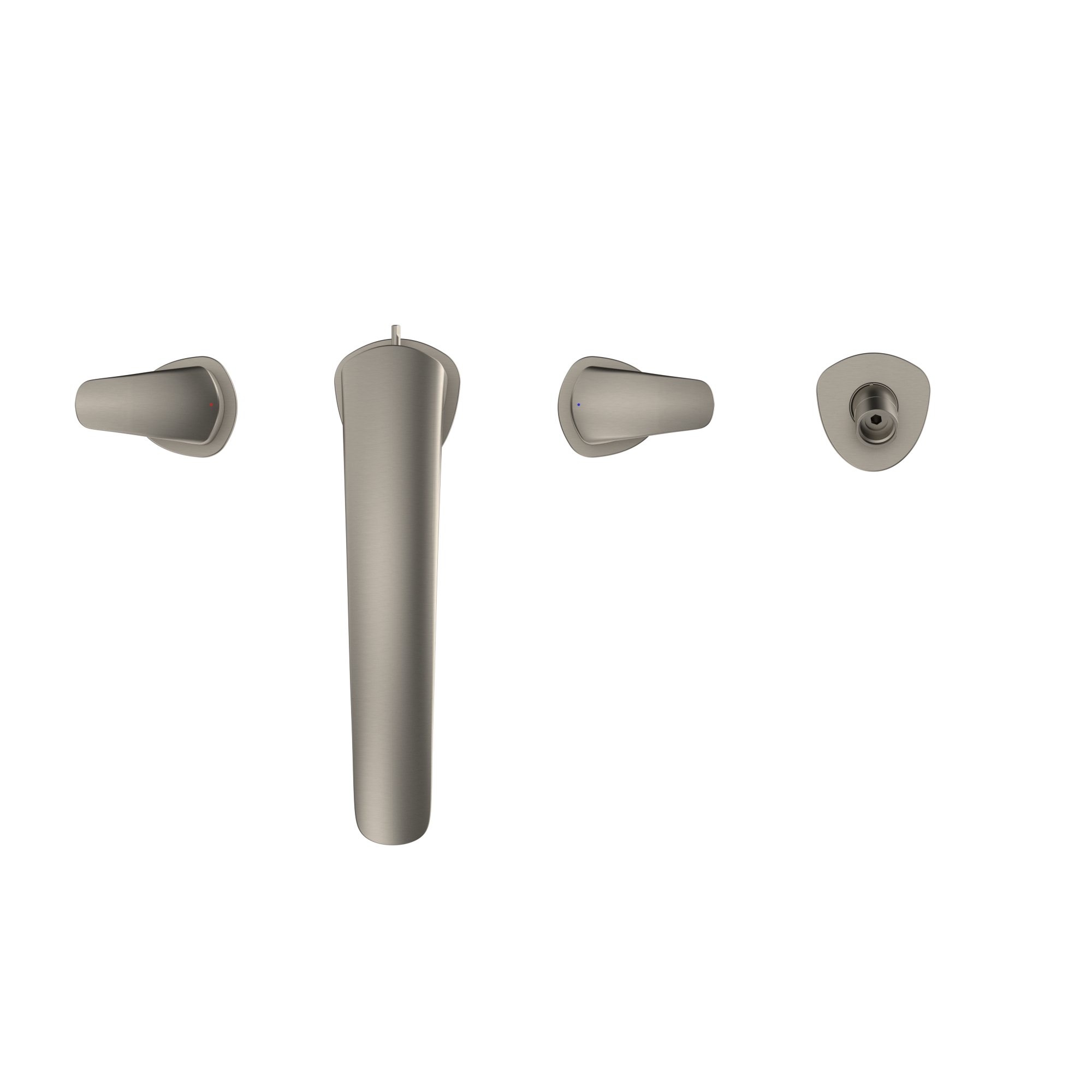 Brushed nickel Roman tub filler trim with two handles, central spout, and detachable handshower.