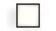Square stainless steel linear drain with black frame and polished surface, 5 inches by 5 inches.
