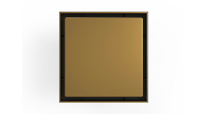 Square satin bronze drain cover with black border and center drainage opening.