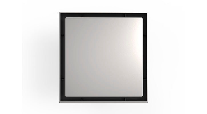 Square satin stainless steel drain cover with black frame border, 5 by 5 inches.